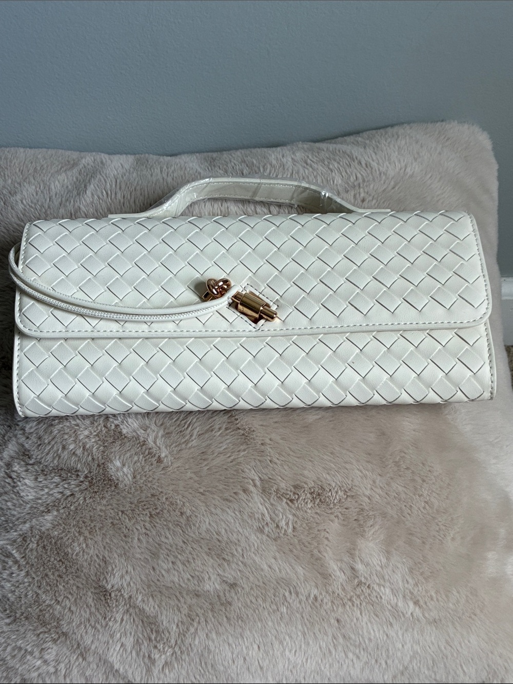 Woven White Leather Clutch with Gold Accent